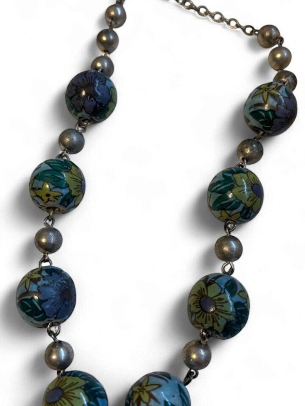 Vintage Artisan Heavy Enamel Cloisonne Style Bead Necklace Blue Green Floral